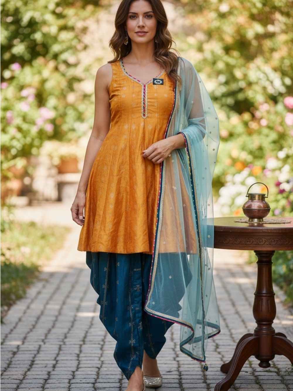 Mustard Yellow Sleeveless Kurta with Teal Salwar & Sheer Dupatta